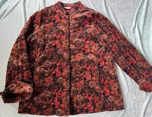 VTG 80s 90s Young Stuff Velvet Quilted Floral Mandarian Collar Jacket Boho XL
